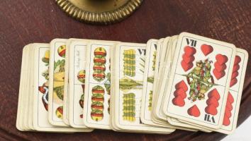 Antik szalon női kártyaasztal. Fa, bronz, ráragasztott kártyalapokkal. Kopással, d: 42 cm, m: 70 cm,...