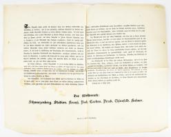 1849. március 6. Olmütz, Az I. Ferenc József(1848-1916) által kiadott oktrojált alkotmány kiadása után a Minisztertanács áltadl kiadott német nyelvű felhívás. Az alkotmányban az uralkodó kifejezte akaratát egy egységes, centralizált, abszolutista állam kialakítására, mellyel a Magyar Királyságot is a birodalmi tartományok közé sorolja, az alkotmány azonban nem lépett életbe, nagyméretű nyomtatvány, 57x44 cm / 1849 Reflection of the Ministerrat to the The March Constitution of the Austrian Empire, proclamation, 57x44 cm