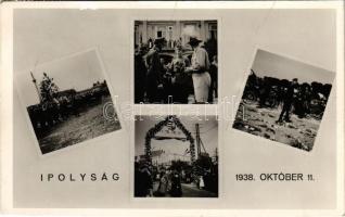 1938 Ipolyság, Sahy; Október 11. emlék a bevonuláskor, cserkész, "Isten hozott" díszkapu, kerékpáros katonák / entry of the Hungarian troops, decorated gate, scout, bicycle troops + "AZ ELSŐ VISSZATÉRT MAGYAR VÁROS IPOLYSÁG 1938. okt. 11." So. Stpl. (fa)