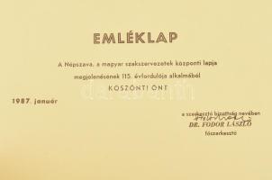 1987 Emlékkiadvány a Népszava megjelenésének 115. évfordulója alkalmából, zsinórfűzéses papírkötésbe...