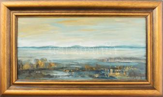 Vágfalvi Ottó (1925-2015): " Őszi Balaton. Olaj, farost, jelezve jobbra lent. Hátoldalán a művész autográf feliratával, dekoratív fakeretben, 20×40 cm
