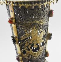 Ortodox tömjénfüstölő. cca XV-XVI. sz., Szerbia / Románia. Aranyozott fém, részben ezüst (Ag) szerel...