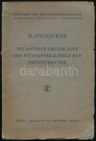 Harold Steinacker: Die antiken Grundlagen der frühmittelalterlichen Privaturkunde. Lipcse-Berlin, 1927, B. G. Teubner. 171 p. Német nyelven. Kiadói papírkötés, sérült és részben javított gerinccel, saraiban kissé sérült borítóval, néhány lapon ceruzás jegyzetekkel.