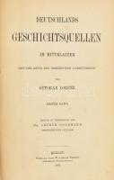 Lorenz, Ottokar: Deutschlands Geschichtsquellen im Mittelalter seit der Mitte des dreizehnten Jahrhunderts. 1.-2. kötet (egy kötetben). Berlin, 1886, Hertz. 3. kiadás. Német nyelven. Korabeli aranyozott gerincű félvászon kötésben, 2. kötet címlapján kisebb szakadással, néhány nagyon kevés lapon ceruzás jelölésekkel, jó állapotban.