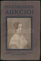 Felvinczi Takács Zoltán, Layer Károly, Szmik Antal (szerk.): Eggenberger aukciói I. Főuri és egyéb magánbirtokból származó képek, porcellánok, fayenceok, ezüst-, aranytárgyak, brilliáns- és egyéb ékszerek, szőnyegek, aubusson-gobelin, butorok, órák, fegyverek és egyéb műtárgyak. Bp., 1923, Wodianer Nyomda. Magyar és német nyelven. 128 p. + VIII t. (fekete-fehér képek, többe közt Barabás Miklós, Zichy Mihály és Székely Bertalan műveinek reprodukcióival). Kiadói papírkötésben, gerincén apró sérüléssel, jó állapotban.