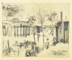 Bozsik István (1941-2006): Havas udvar. Rézkarc, papír, jelzett, üvegezett fakeretben, lap széle kissé foltos, 20×25 cm