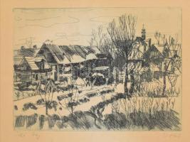 Doór Ferenc (1918-2015): Téli táj. Rézkarc, papír, jelzett, üvegezett fakeretben, 20x30 cm, lap széle kissé foltos.