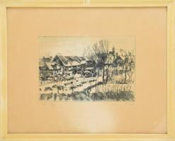 Doór Ferenc (1918-2015): Téli táj. Rézkarc, papír, jelzett, üvegezett fakeretben, 20x30 cm, lap szél...