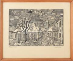 Bordás Ferenc (1911-1982): Óbuda, főtér. Fametszet, papír, jelzett, 32×47,5 cm. Üvegezett fakeretben