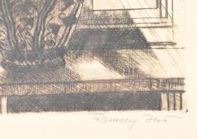 Remsey Jenő (1885-1970): Virágos ablak. Rézkarc, papír, jelzett, 40×30 cm. Üvegezett fakeretben