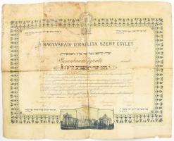 1912 Nagyváradi Izraelita Szent Egylet tagsági oklevele ("egyletünkbe tagul bekebeleztük") Rosenbaum Ignác részére. "A nagyváradi izr. Szent-egylet Chevra Kadischa elöljárósága és válaszmánya részére 1912 év március hó 17 napján tartott ülésből." Az ellenőr, a pénztárnok, bekebl. elnök, főgondnok és jegyző aláírásaival. Nagyvárad, Helyfi László Lithográfiai Műintézete, rajta az orthodox zsinagóga, és két másik épület fotójával, díszes kerettel, sérült, a hátoldalán javított, foltos. Még ebben az állapotban is igazi ritkaság.