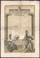 1929 Magyar-Franczia Biztosító R. T. életbiztosítási kötvénye, dekoratív grafikával, hátoldalán 1939-es feljegyzés a biztosított összeg kifizetéséről. Hajtva, kissé viseltes állapotban, 41x28 cm