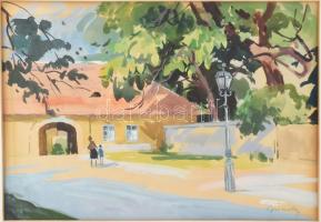 Lipovniczky László (1910-1971): Vác, utcarészlet sétálókkal apüspöki palotánál. Akvarell, papír. Jelzett. Dekoratív, üvegezett fakeretben. 32,5x45 cm.