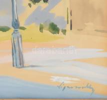 Lipovniczky László (1910-1971): Vác, utcarészlet sétálókkal apüspöki palotánál. Akvarell, papír. Jel...