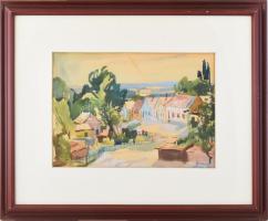 Lipovniczky László (1910-1971): Tahitótfalusi utcarészlet. Akvarell, papír. Jelzett. Dekoratív, üveg...