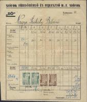 1944 Siófok szálloda számla számlailleték bélyegekkel