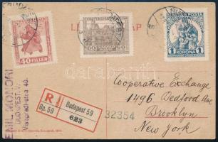 1920 Ajánlott levelezőlap Hadisegély sorral New Yorkba / Registered postcard to New York