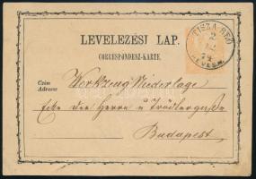 1874 2kr díjjegyes levelezőlap / PS-card TISZA-BEŐ / HEVES. M. - Budapest