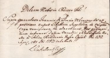 1783 Kollonitz/Kollonics László (1736-1817) nagyváradi püspök autográf aláírása latin nyelvű levélen...