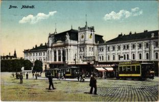 1929 Brno, Brünn; Nádrazí / railway station, buffet, tram with advertisement (Rb)