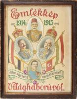 cca 1915 "Emlékkép az 1914/1915. évi világháborúból", rajta II. Vilmos német császár, V. Mehmed szultán és I. Ferenc József osztrák császár és magyar király, valamint a trónörökös, a későbbi IV. Károly litografált arcképeivel, az egyik szélén vágott, foltos,kopott üvegezett fa keretben, 43x34 cm