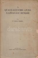 Mikos Ferenc:  A Quadragesimo anno gazdasági rendje. Budapest, 1934. Pázmány Péter Irodalmi Társaság (Pallas Irodalmi és Nyomdai Rt.) 284 + [2] p. Egyetlen kiadás. A szociális és gazdasági kérdésekkel foglalkozó körlevél, XIII. Leó pápa ,,Rerum novarum'' című enciklikája után negyven évvel, 1931. május 15-én XI. Ince pápa kibocsátotta a ,,Quadragesimo anno'' című pápai körlevelét, mely a gazdasági világválság, illetve a totális állameszmék előretörése tapasztalatában áttekinti a modern gazdaság és társadalom problémahalmazát, és a keresztény karitász szellemében reformokat javasol. Mikos Ferenc dolgozata a pápai enciklika társadalom- és gazdaságszervezési elveit tekinti át, amely védelmébe veszi a magántulajdont, felszólal a kapitalista munkarend családot és morált zárójelbe tevő rendszere ellen, kritikával illeti az osztályharc elmélete mentén kidolgozott szociáldemokrata és kommunista elméleteket. A keresztényszocialista dolgozat az osztályharc elmélete helyett a hivatásrendiség eszméjét állítja társadalomszemlélete középpontjába, mely társadalmi rend, amennyiben morális megfontolások mentén szerveződik, a szerző nézete szerint képes meghaladni munkaadó és munkavállaló örökös konfliktusát. A szociális enciklikának jelentős hatása volt Magyarországon, a XX. század egy fontos civil szerveződése, a katolikus-agrárius KALOT-mozgalom ennek hatására jött létre. A címlapon régi tulajdonosi bejegyzés, példányunk fűzése kissé laza. Fűzve, enyhén sérült, kissé foltos kiadói borítóban, részben felvágatlan példány.