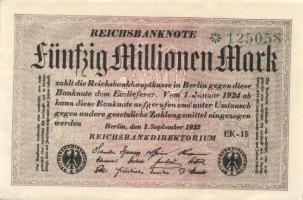 Német Birodalom / Weimari Köztársaság 1923. 50.000.000M (4x) fehér papíron, közte egymás utáni sorszámokkal T:I
