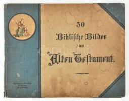 30 Biblische Bilder zum Alten Testament. Esslingen & München, ,J. F. Schreiber, XXX t. Kiadói haránt alakú félvászon-kötés, kopott, foltos borítóval, sérült gerinccel, kijáró lapokkal, szakadt, sérült, részben foltos lapokkal, valamint sérült, hiányos lapokkal is (II., XVI, XVII, XXVII, XXVIII.), laza kötéssel, a képek egy része alatt kézi feliratozással.