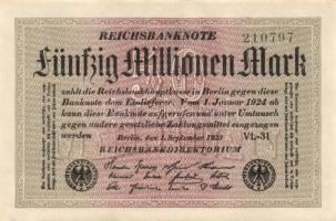 Német Birodalom / Weimari Köztársaság 1923. 50.000.000M (4x) fehér papíron, közte egymás utáni sorsz...