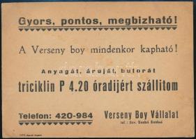 cca 1940 A Verseny Boy Vállalat (a háború utáni Boy szolgálat elnevezésének ötletadója) reklámnyomtatványa, triciklis áruszállításról, postán elküldve