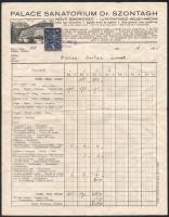 1928 Az újtátrafüredi (Felvidék) dr. Szontágh Palace Szanatóriumának kitöltött számlája okmánybélyeggel, hajtva