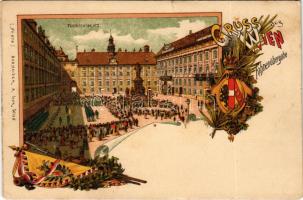 Wien, Vienna, Bécs; Fahnenübergabe, Franzensplatz / flag handover, K.u.K. military guard, coat of arms. Schneider & Lux Art Nouveau, floral, litho (tear)