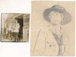 1930 Cserkészlány tábor Balatonszabadin, 12 db fotónegatív, 1 db pozitív, 1 db ceruzarajz, jó állapo...