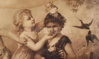 Üvegezett, dekoratív fakeret, régi foltos nyomattal, belső méret: 31,4x70,2 cm