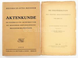 Meisner, Heinrich Otto: Aktenkunde. Ein Handbuch für Archivbenutzer mit besonderer Berücksichtigung Brandenburg-Preussens. Berlin, 1935. Mittler 185p. Kiadói papíkrötésben, borító ragasztása elvált + P. Gabriel Meier: Der Bibliothekskatalog des Stiftes Heiligenkreuz vom Jahre 1374. Wie, 1901 16p.