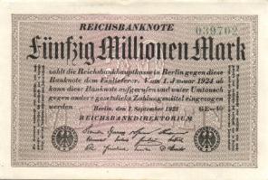 Német Birodalom / Weimari Köztársaság 1923. 50.000.000M (4x) fehér papíron, egymás utáni ill. kis ugrású sorszámokkal T:I