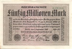 Német Birodalom / Weimari Köztársaság 1923. 50.000.000M (4x) fehér papíron, egymás utáni ill. kis ug...