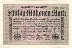 Német Birodalom / Weimari Köztársaság 1923. 50.000.000M (4x) fehér papíron, egymás utáni sorszámokkal T:I