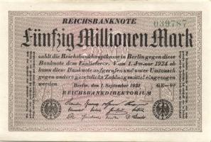 Német Birodalom / Weimari Köztársaság 1923. 50.000.000M (4x) fehér papíron, egymás utáni sorszámokka...