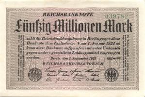 Német Birodalom / Weimari Köztársaság 1923. 50.000.000M (3x) fehér papíron, egymás utáni sorszámokkal T:I,I-