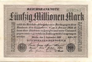 Német Birodalom / Weimari Köztársaság 1923. 50.000.000M (3x) fehér papíron, egymás utáni sorszámokka...