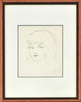 Borsos Miklós (1906-1990): Lányportré. Tus, papír, foltos, üvegezett keretben, 14x12 cm