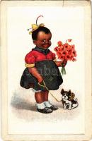 Black American girl with dog and flowers (EM)