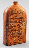 1880 Mázas kerámia butéla, feliratos, mázhibákkal, m: 13 cm