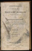 Szibenliszt [Mihály], Michael: Institutiones Juris Privati Romani consriptae per ~. Pars II. (a mű két kötetben teljes) Jus rerum. Pestini, 1829. Trattner. VIII+ 557-810 p. Korabeli kartonált papírkötésben, gerinc vignettával címlap piszkos, kijár, egyébként jó állapotban Ritka jogtörténeti munka melyben a természetjogi iskolához tartozó szerző a római magánjogot, azon belül dologi jogot mutatja be. Árverésen még nem szerepelt!