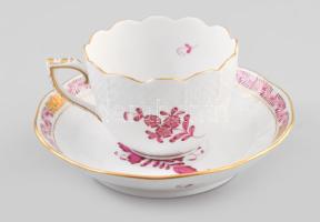 Herend Apponyi purpur mintás mokkás csésze alátéttel. Jelzett, hibátlan, d: 11,5 cm, m: 6 cm