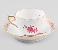 Herend Apponyi purpur mintás mokkás csésze alátéttel. Jelzett, hibátlan, d: 11,5 cm, m: 6 cm