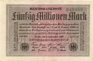 Német Birodalom / Weimari Köztársaság 1923. 50.000.000M (2x) fehér papíron, Sterne mit einem S darin vízjellel, kis ugrású sorszámokkal T:II