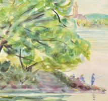 Farkasházy Miklós (1895-1964): Horgászok a Dunán. Akvarell, papír, jelezve jobbra lent. Paszpartuban...