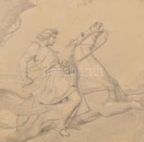 C. F. L: jelzéssel: Csatajelenet lovaskatonákkal. Ceruza, karton. Kissé foltos. Lap alja vágott, bal...